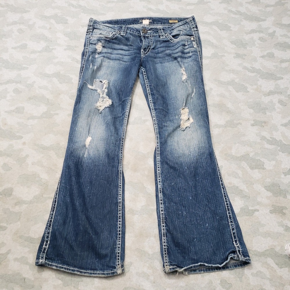 Silver Jeans Frances Flare Jeans Womens 32 Blue Distressed Denim Medium Wash